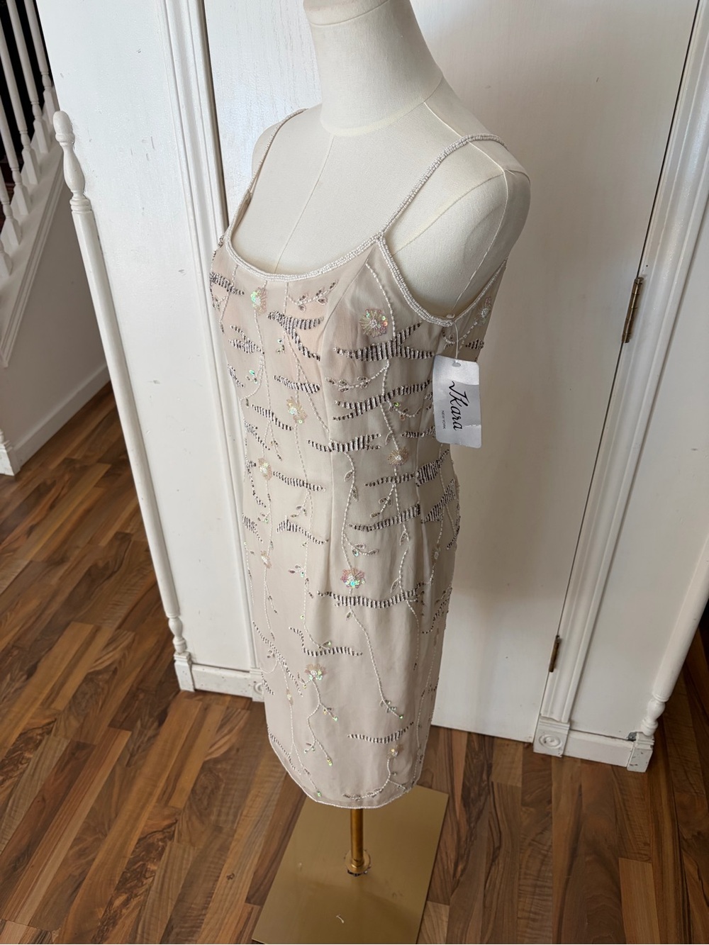 Vintage Ivory Lined Silk Beaded Mini Slip Dress, Medium